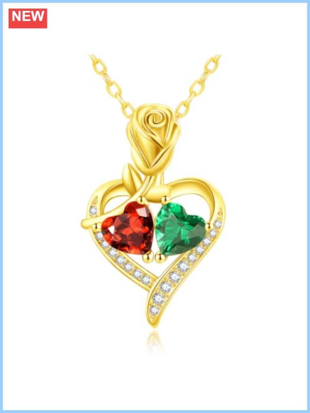 14K Gold Plated Rose Heart Necklace Double Birthstone Women's Jewelry Gift